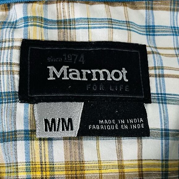 Marmot Medium Short Sleeve Outdoor Shirt Yellow Blue Plaid Nylon Poly Blend - Picture 3 of 4